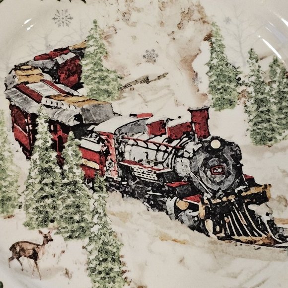 Better Homes Gardens Heritage Winter‎ Forest TRAIN Steam Engine 9" Plate Cream - Picture 7 of 12